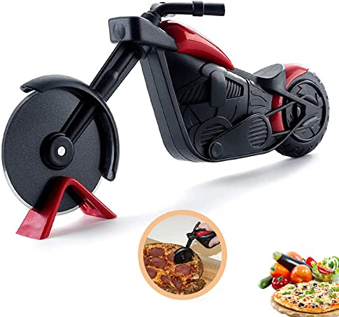 Coupe-pizza, Coupe-pizza manuel, Coupe-pizza moto, Coupe-pizza créatif, Rouleau à pizza amusant, Cadeau Créatif, Avec support, utilisé pour couper la pizza, la pâtisserie, la pâte (Noir rouge)
