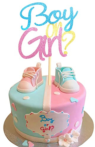 Arthsdite Boy or Girl Cake Topper Blue and Pink Glitter He or She Cake Decoration Pick for Baby Shower Gender Reveal Party Decorations Supplies