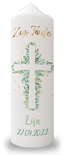 GRAVURZEILE Bedruckte Kerze - Taufkerze Eukalyptus Kreuz - brilliant bedruckte Kerze zur Taufe - Personalisiertes Taufgeschenk für Mädchen & Jungen - Hochwertige Stumpenkerze 250/80 mm