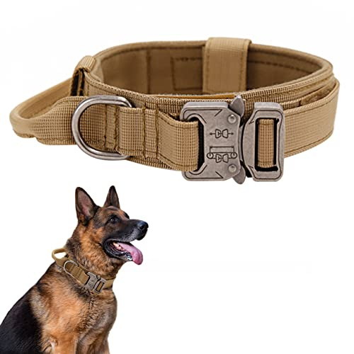 Collier de Chien Tactique - Militaire Collier avec Poignée de Commande, Réglable Nylon Chien Rembourré pour Chiens de Taille Moyenne Grand Entraînement (L, Brun)