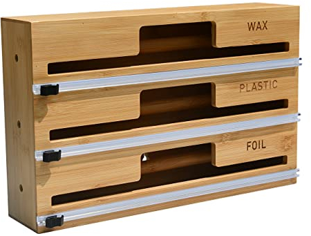 WESTYLE - 3 in 1 Wrap & Foil Dispenser, Aluminum Foil, Wax Paper, Plastic Wrap Dispenser with Cutter & Engraved Labels, Natural Bamboo-Made Kitchen Organizer & Holder - Works with 12 Roll