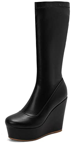 CHICMARK Damenmode-Keilstiefel mit Mittlerer Wade und Kunstpelzfutter (Schwarz, 39)