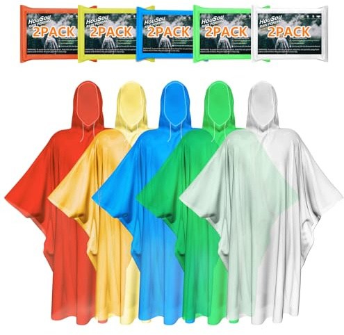 HouSou Disposable Rain Ponchos for Adult, 10 Pack 5 Rainbow Colors Rain Ponchos with Drawstring Hood, Emergency Rain Poncho for Adult, Thicker Material, Waterproof