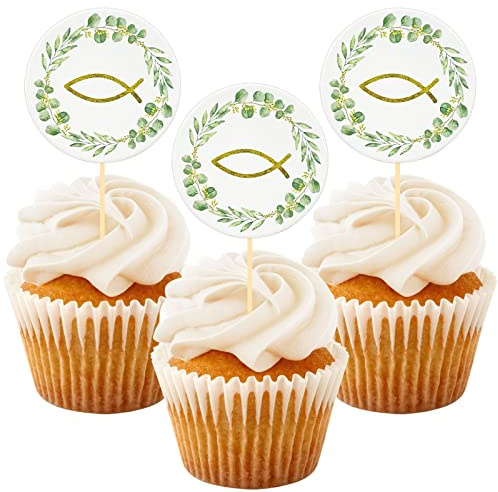 Tårtdekoration för Dop - 25 Stycken Fisk Cupcake-Dekoration för Konfirmation, Födelsedag, Bröllop, Muffinsdekoration för Pojke och Flicka Presenter
