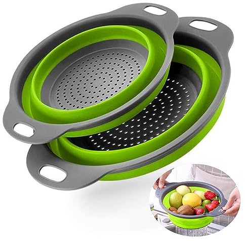 Katmerio Juego de Colador Plegable de Silicona - 2 Piezas para Cocina, Pasta, Frutas y Verduras (Verde)