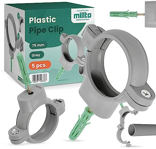 5x Millto™ Rohrschelle Kunststoff Halterung Rohr 75mm Stockschraube Dübel Rohrhalter Wasserrohrhalter Abwasserrohrschelle Kanalisationsrohrschelle Abwasserrohrhalterung