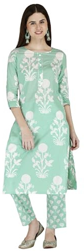 MESMERIICAL Women's Cotton Printed Kurta Set - Elegant Green Floral Print with 3/4th Sleeves, Comfortable Daily and Festive Wear. (X-Large)