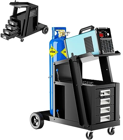 COSTWAY Carro de Soldadura Rodante, Carro de Soldadura de 4 Cajones con Almacenamiento de Tanque y Cadena de Seguridad, Carro de Soldadura de Metal para TIG MIG ARC y Cortador de Plasma, Negro