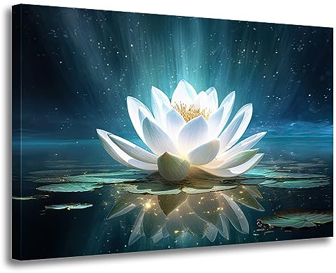 GLOKAKA Zen Wandkunst Weiße Seerose Leinwand Wandkunst Lotus Blume Blüte im Wasser Druck Bild Kunstwerk für Badezimmer Yoga Spirituelle Livng Raumdekoration