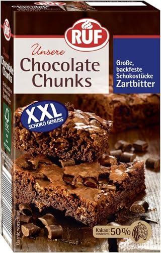 RUF Chocolate Chunks Zartbitter, backfeste, dunkle Schokoladen-Tropfen, XXL Schoko-Drops zum Backen, vegane Schokoladen-Stücke, glutenfrei, 1x100g (Packung mit 5)