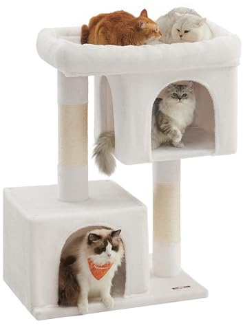 Feandrea Kratzbaum, 101 cm, XL Katzenhaus bis zu 20 kg, 2 Katzenhöhlen | Katzenbaum für extra große Katzen, große Plattform, Sisalstämme, cremeweiß, CLAWFY Kollektion PCT614T01
