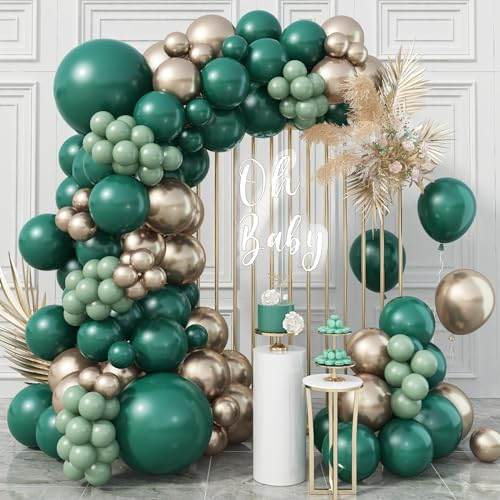 Green and Gold Balloon Arch Garland Kit, Dark Emerald Sage Green Balloon with Metallic Gold Helium Balloons for Forest Jungle Birthday Wedding Graduation Party Decorations