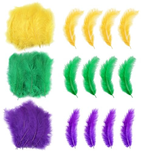 JIHUOO Bunte Bastelfedern, Karnevalsfedern, Grün, Gelb, Lila, Federn, Karneval, dekorative Federn für Haarschmuck, Masken, 300 Stück