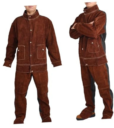 Veste de Soudage En Cuir, Pantalon, Veste de Soudeur En Cuir Résistant à La Flamme Costume, Salopette de Soudeur, équipement de Protection, Tablier de Soudager Résistant à La Chaleu, Brun, xl