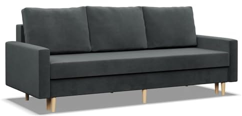 Mebligo - Sofa mit Schlaffunktion und Bettkasten, 3-Sitzer Schlafsofa 212 cm Breit, Bonellfederkern, Ausziehbares Couchbett auf Holzfüßen - Dunkelgrau