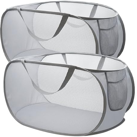 xiaoxiaozhijia 2 Pezzi Pop Up Cesto Portabiancheria,36 * 36 * 58cm,Portabiancheria Sporca con Manico,Borsa Lavanderia in Rete per Asilo Nido College Dormitorio Campeggio e Viaggio (Gray)