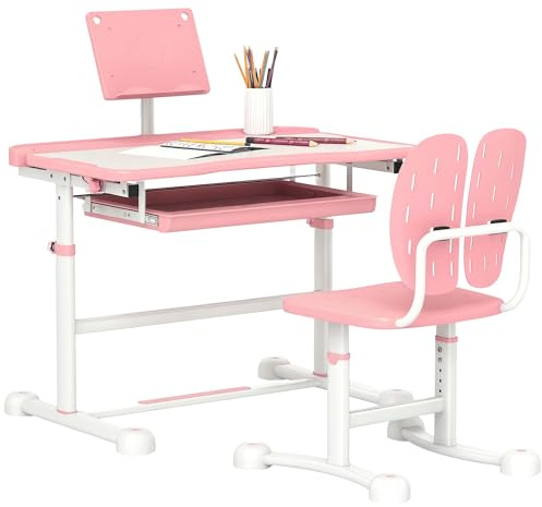 AIYAPLAY Kids Desk and Chair Set, Height Adjustable School Study Table Chair Set with Tilted Desktop, Storage Drawer, Book Stand, for Writing Reading, kids Aged 3-12 Years, Pink