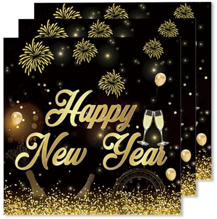 ParPix 20 Stück Silvester Servietten, 33x33cm Happy New Year Papierservietten,Serviettens Silvester Tischdeko, Servietten Schwarz Gold Silvesters Deko 2026,Silvesterdeko Neujahr Party Papierservietten