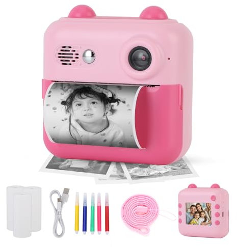 Gugxiom Kids Camera Instant Print, Fotocamera Digitale per Bambini con Scheda SD da 32 GB e 3 Rotoli Di Carta per Stampante, Fotocamera per Bambini per Ragazzi e Ragazze (rosa)