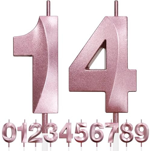14th Geburtstagskerze, 3D Design Roségold Glitter Nummer Kerzen, Cake Topper Dekorationen, Kuchen Kerze für Geburtstagsparty, Hochzeitstag, Baby-Dusche, Party-Dekoration