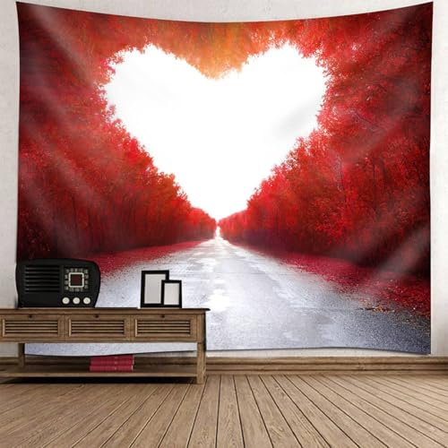 Mesnt Tapisserie Wandbehang Dekoration, 240x220cm Straße und herzförmiger Baum Wandteppiche Wandkunst für Schlafzimmer Wohnzimmer | Rot