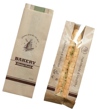 Lot de 50 sacs en papier pour baguette française avec fenêtre, sacs à baguette de 33 cm, sacs en papier avec fenêtre, sacs à pain transparents, sacs d'emballage à chaud pour pâtisseries, emballages de