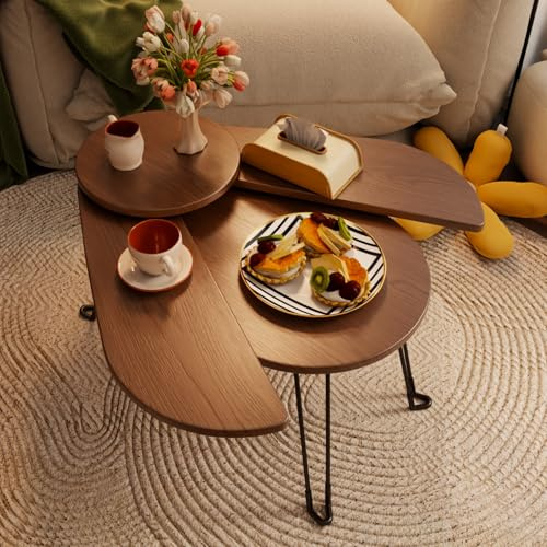Muwuele Small Coffee Tables for Small Spaces, Solid Wood Accent Tables Living Room, Foldable Coffee Table Oval, Folding Floor Table, Low Table for Sitting on the Floor, Narrow Side Table Couch, Walnut