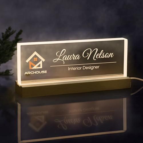 Custom Acrylic Nameplate with Name and Title – Personalized Desk Sign with Optional LED Light Stand for Office or Home