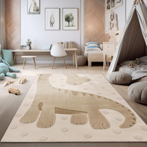 TT Home Kinderzimmer Teppich Spielteppich Hoch-Tief-Effekt Motiv Dino Schlingenstruktur Weich Naturtöne Pflegeleicht Modern, Größe:120x160 cm