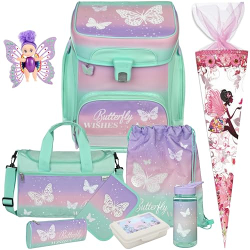Pridera Scooli Schulranzen 1.Klasse Mädchen Butterfly Wishes Schmetterling EasyFit Schulranzen-Set (10tlg. Set mit Brotdose Trinkflasche passend dazu Sporttasche Schultüte B, Fairy-Püppchen gratis)