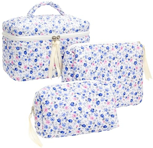 3 Piece Quilted Makeup Bag Set for Women,Cosmetic&Toiletry Bag,Floral Blue | Cute Zipper Makeup Organizer for Cosmetics, Toiletries,Skincare, Makeup Brushes, Beauty Essentials, Travel Accessories&Gifts