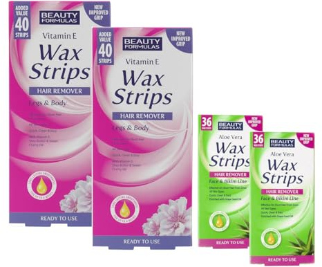 Beauty Formulas Wax Strips -152 Strips | Aloe Vera x 72 & Vitamin E x 80 –– Hair Remover for Face, Bikini Line, Legs, Arms, Underarms & Body – For All Skin Types