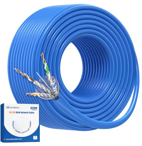Cable Matters Cavo schermato Cat 6A, 10 Gbps, 23 AWG, 91,4 m, blu | In-Wall CM Rated, S/FTP, rame nudo solido, per jack Keystone e pannelli patch, cavo Ethernet Bulk Cat6A