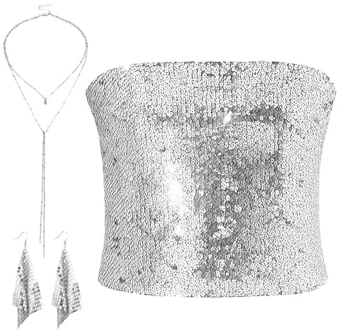 PonFxp 3 Pcs Sequin Top with Earrings and Necklace Set, Sparkly Silver Tube Top for Women, Glitter Silver Wrap Top, Strapless Party Clubwear for Night Out, Fashion Photoshoot, Gift