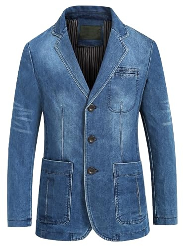 Men's Casual 3 Buttons Denim Blazer Slim Lapel Washed Denim Suit Jacket Business Blazer Sport Coat