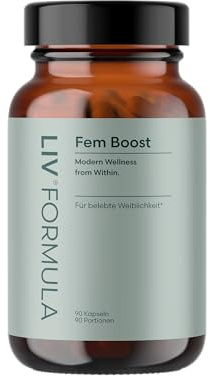 LIV Fem Boost | Maca, Salbei, Ein-Braunwurzel & Bockshornklee | B6, B12, Folsäure & Zink | kombiniert mit pflanzlichen Extrakten | Vegan & Laborgeprüft, 90 Kapseln