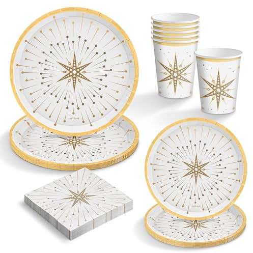 OH YEAH - Kit Vajilla Desechable 6 Personas Nochevieja - 48 Piezas - Blanco y Oro - Platos, Vasos y Servilletas Fin de Año - Decoración Mesa Festivas Happy New Year - Detalles Dorados Metalizados