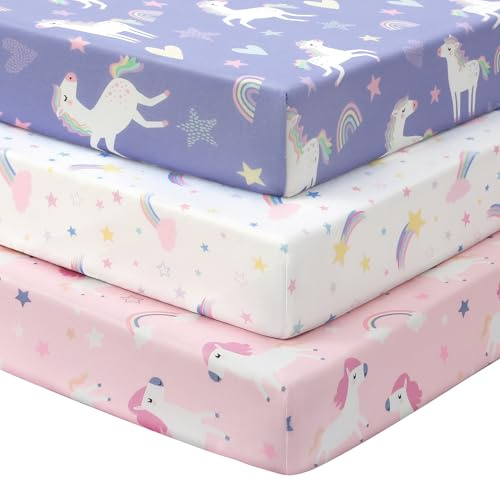 Fiemol Sábanas Bajeras Cuna 140x70 cm, Juego de 3 Sábanas para Cuna de Bebé, con Esquinas Elásticas, Microfibra Ultra Suave y Sedosa, Rosa y Morado