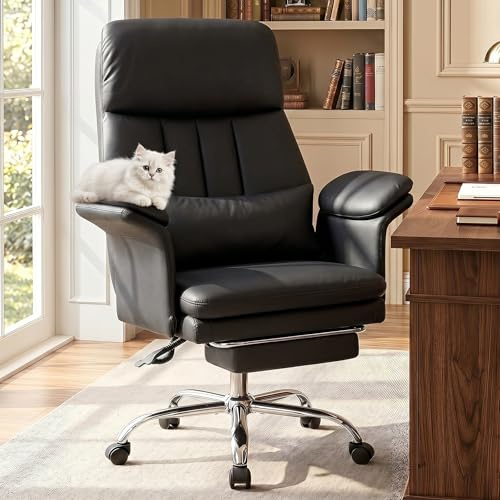 Hellove Bürostuhl mit Fußstütze & Lordosenstütze – Ergonomischer Chefsessel 135° Neigung, Feste Armlehnen, PU-Leder, Höhenverstellbar bis 200 kg für Homeoffice, Schwarz