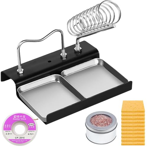HAAMNING7 Soldering Iron Holder Stand with Spring Holder, Brass Wool Tip Cleaner, Cleaning Sponges and Desoldering Pump, Metal Stand for Electronics Repair and PCB Soldering
