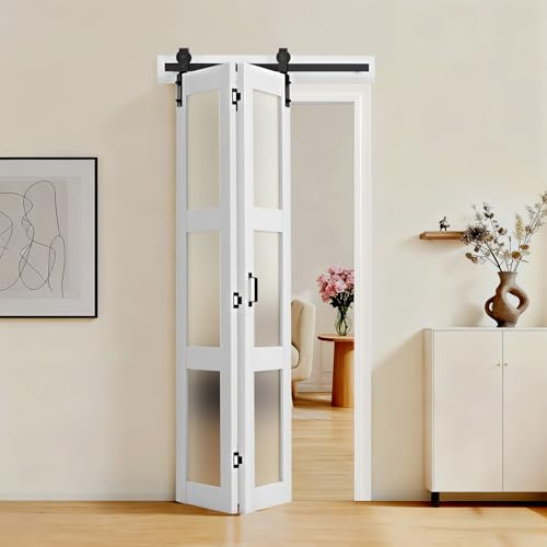 VEVOR Puerta Corredera Plegable Estilo Granero de 914 x 2134 mm, Fabricada en MDF y Vidrio Templado, con Juego de Herrajes, Diseño Compacto, Paneles Premontados para Dormitorio y Salón, Blanco