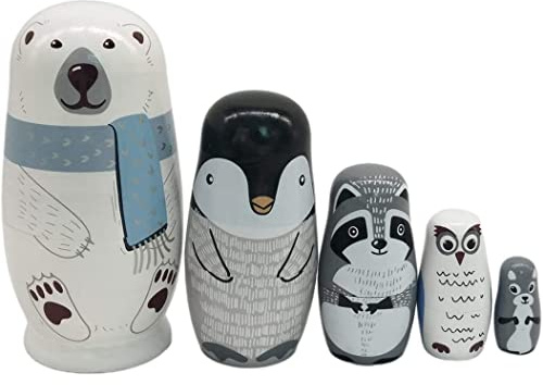 Ameble Russische Nistpuppen aus Holz, 5 Stück/Set, niedliche Matroschka Eisbär Pinguin Eulen Puppen, pädagogisches Lernspielzeug für Kinder für Geburtstag, Weihnachten, Heimdekoration