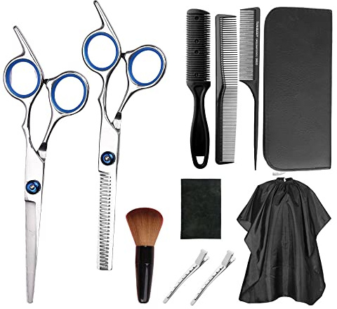 RASTKY Kit da Parrucchiere Professionale in Acciaio Inossidabile con Set di 13 Forbici e Pettine, per Parrucchieri e Famiglie, Argento, 17 Cm