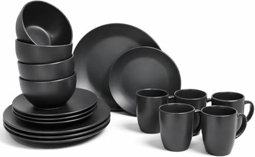 PRADICHI 16 Piece Dinnerware Set for 4 – Round Kitchen Dinner Set with Dinner Plates, Dessert Plates, Cereal Bowls & Mugs – Teal Blue & White Tableware Combination Set (Matte Black)