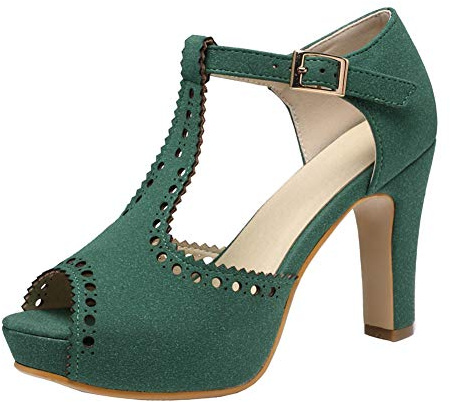 getmorebeauty Women's Green Vintage Suede Ankle T Straps Dress Block Heeled Sandals Pumps (US 7, Green)