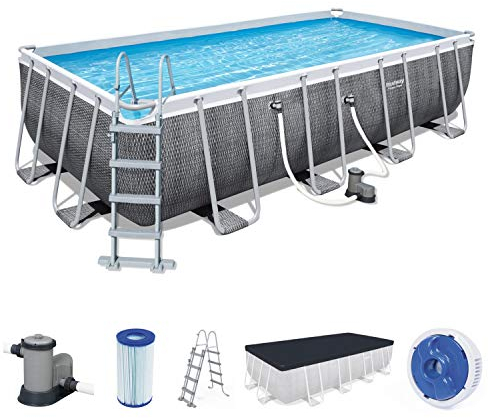 Bestway 56998 Piscine Power Steel™ Rectangulaire 549 X 274 X 122 cm Motif Rotin Gris, Filtration à Cartouche, Échelle, Bâche, Diffuseur Chemconnect™ et Cartouche Antimicrobienne Inclus