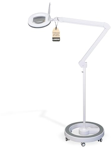 Lumeno 8615GR Lupenleuchte Arbeitsplatzlampe mit großer ovalen Linse 110x150 mm, 60 LEDs in 2 Stufen dimmbar, perfekt als Lesehilfe, für die Kosmetik oder zum Löten, 5 Dioptrien grau mit Rollstativ