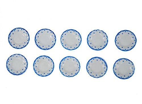 10x Teller Puppenhaus Puppenstube Teller Essteller Porzellan Punkte Blau