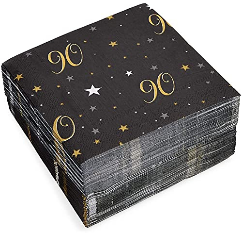 Sparkle and Bash Lot de 100 serviettes en papier absorbantes à double épaisseur pour 90e anniversaire – Produits en papier élégants dorés et noirs pour décoration de fête (16,5 x 16,5 cm, double