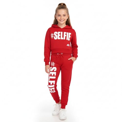 A2Z 4 Kids Girls Tracksuit Hoodie Sweatshirt Top Bottoms Comfortable - T.S Crop Selfie Red 9-10